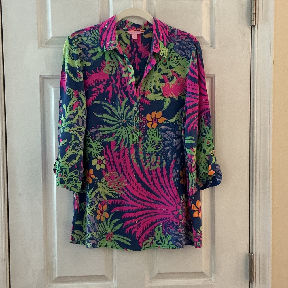 Lilly Pulitzer Blue Green Pink Bright Floral Print 3/4 Sleeve Silk Tunic Top S